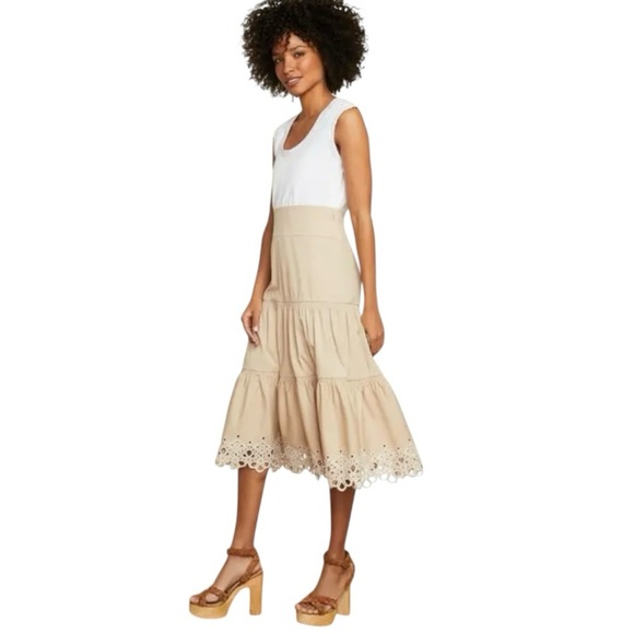 Veronica Beard Jeans Amaia Tiered Eyelet White Tan Combo Midi Dress Medium - Picture 2 of 13